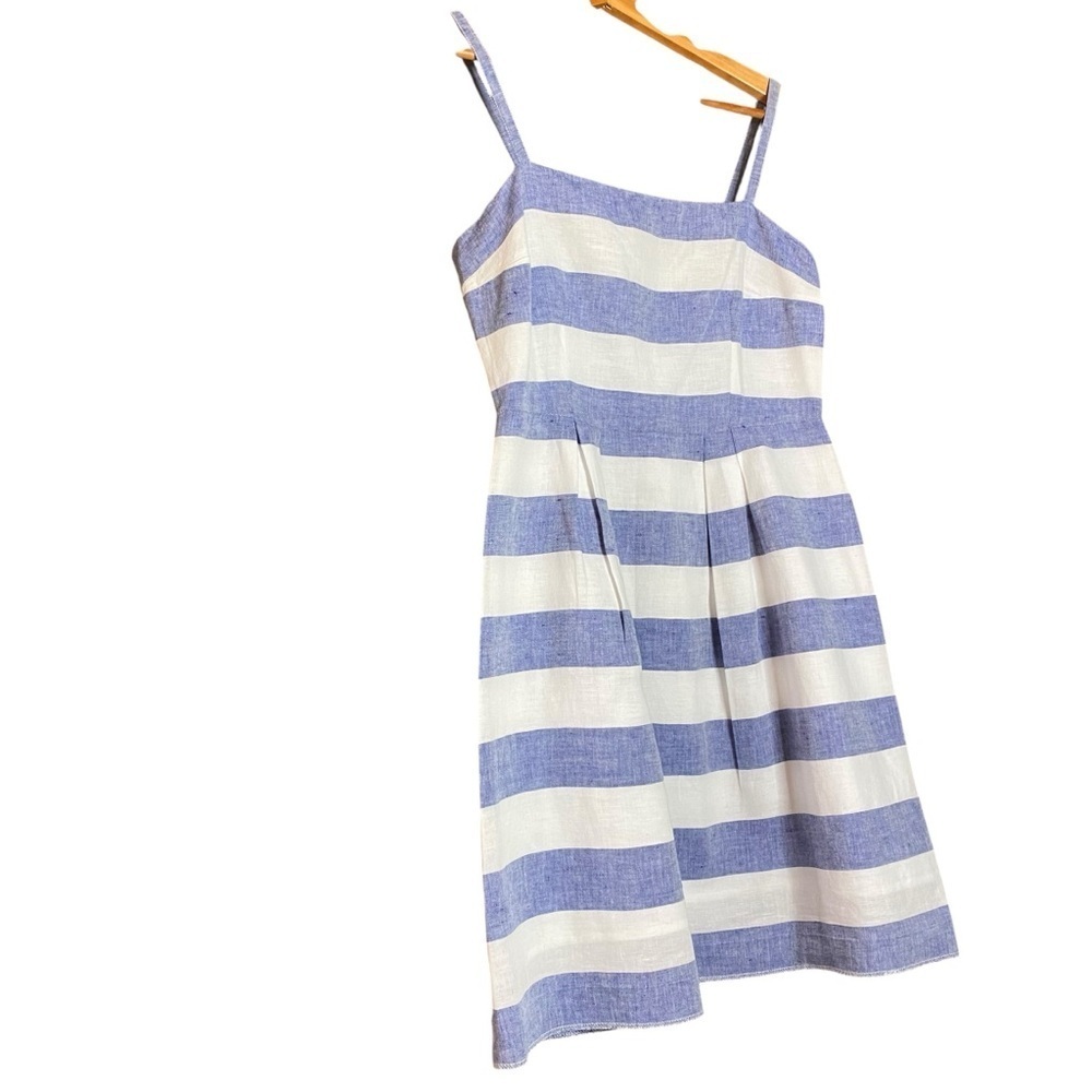LOFT Linen/cotton Blue Striped fit flare A-line sun-Dress Size 4 - Picture 4 of 10